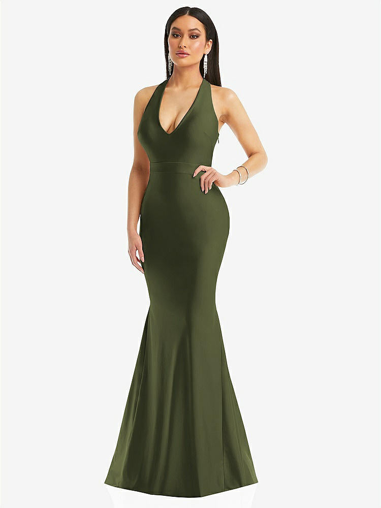 【STYLE: CS106】Plunge Neckline Cutout Low Back Stretch Satin Mermaid Dress【COLOR: Olive Green】