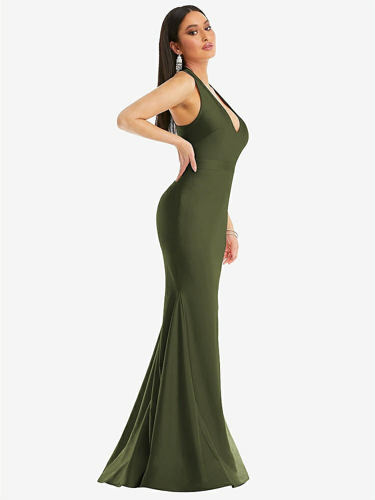 【STYLE: CS106】Plunge Neckline Cutout Low Back Stretch Satin Mermaid Dress【COLOR: Olive Green】