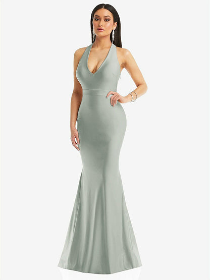 【STYLE: CS106】Plunge Neckline Cutout Low Back Stretch Satin Mermaid Dress【COLOR: Willow Green】