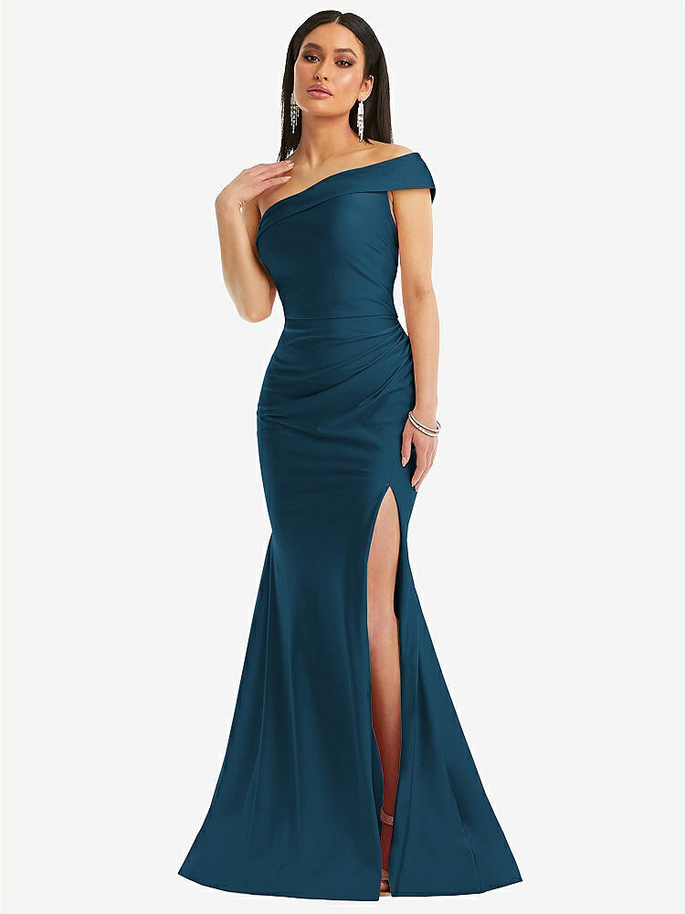 【STYLE: CS107】One-Shoulder Bias-Cuff Stretch Satin Mermaid Dress with Slight Train【COLOR: Atlantic Blue】