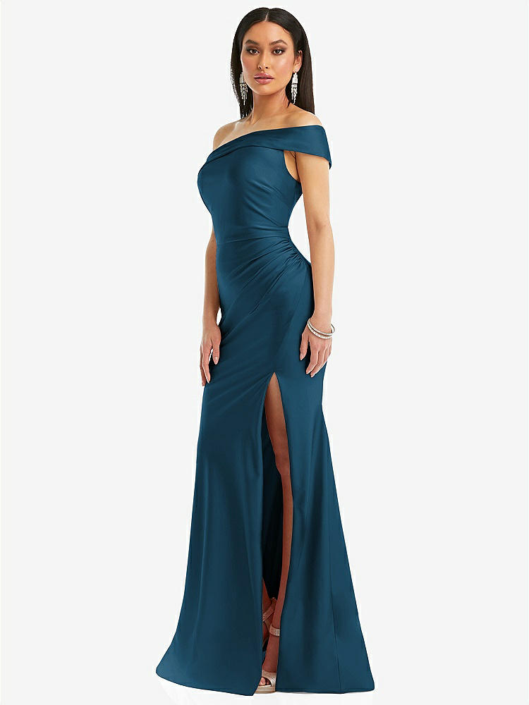 【STYLE: CS107】One-Shoulder Bias-Cuff Stretch Satin Mermaid Dress with Slight Train【COLOR: Atlantic Blue】