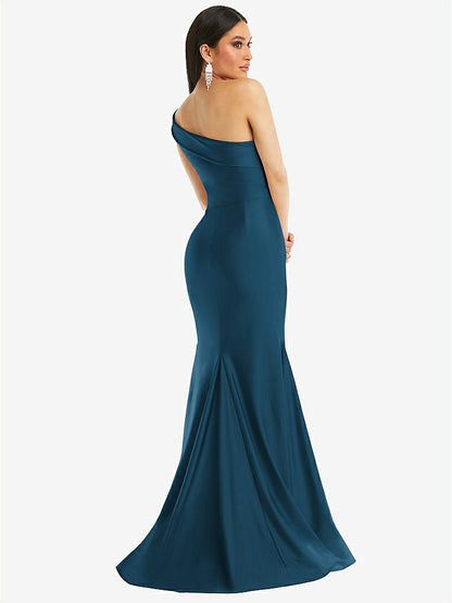 【STYLE: CS107】One-Shoulder Bias-Cuff Stretch Satin Mermaid Dress with Slight Train【COLOR: Atlantic Blue】