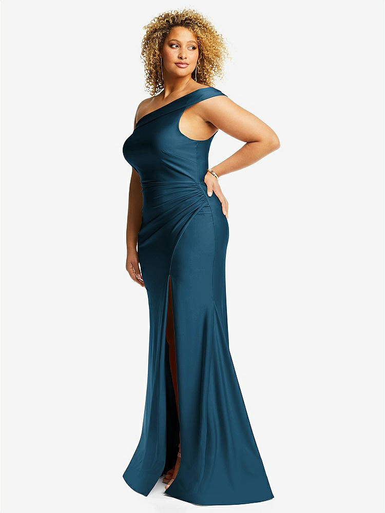 【STYLE: CS107】One-Shoulder Bias-Cuff Stretch Satin Mermaid Dress with Slight Train【COLOR: Atlantic Blue】