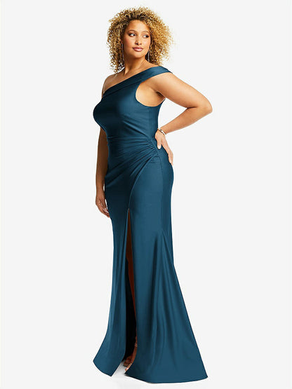 【STYLE: CS107】One-Shoulder Bias-Cuff Stretch Satin Mermaid Dress with Slight Train【COLOR: Atlantic Blue】