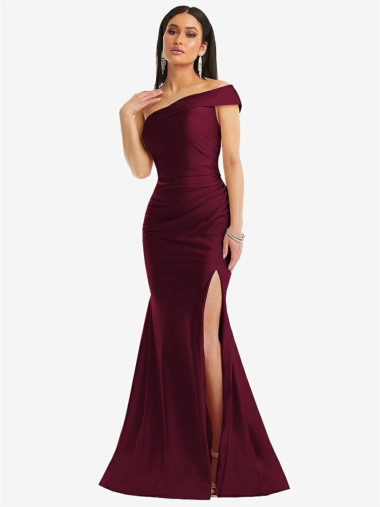 【STYLE: CS107】One-Shoulder Bias-Cuff Stretch Satin Mermaid Dress with Slight Train【COLOR: Cabernet】
