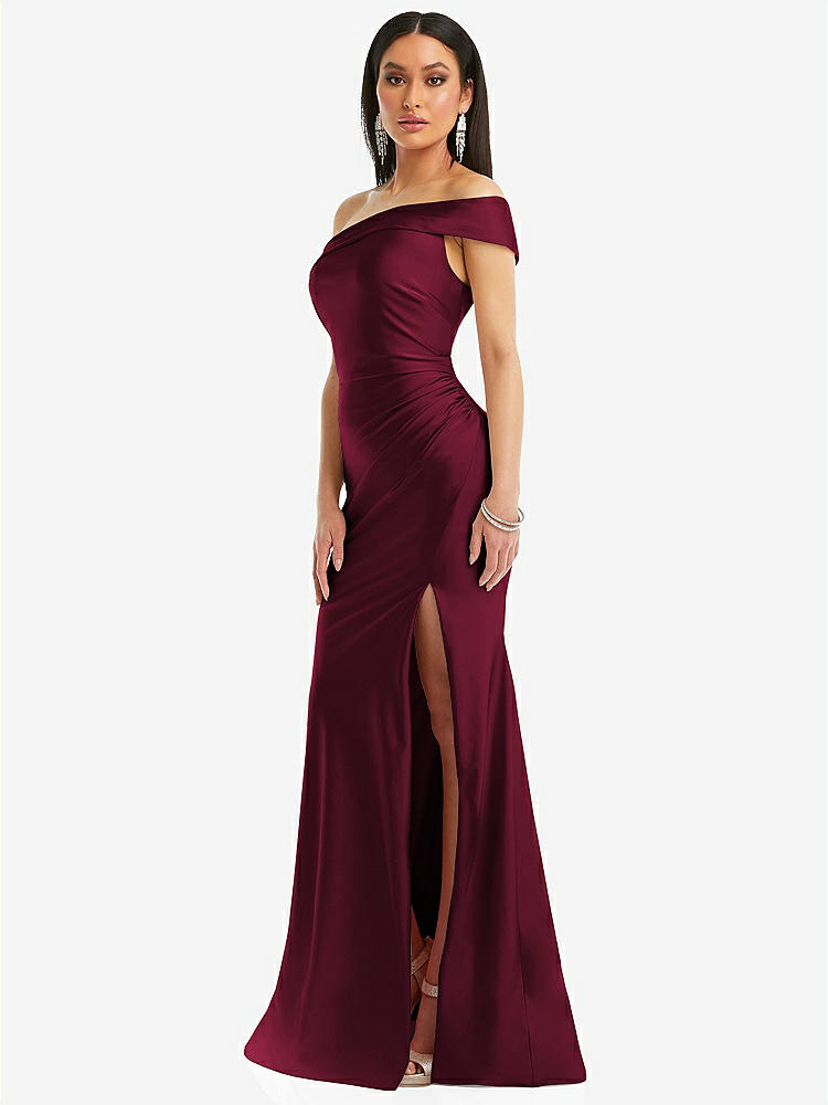 【STYLE: CS107】One-Shoulder Bias-Cuff Stretch Satin Mermaid Dress with Slight Train【COLOR: Cabernet】