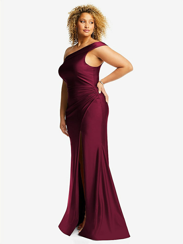 【STYLE: CS107】One-Shoulder Bias-Cuff Stretch Satin Mermaid Dress with Slight Train【COLOR: Cabernet】