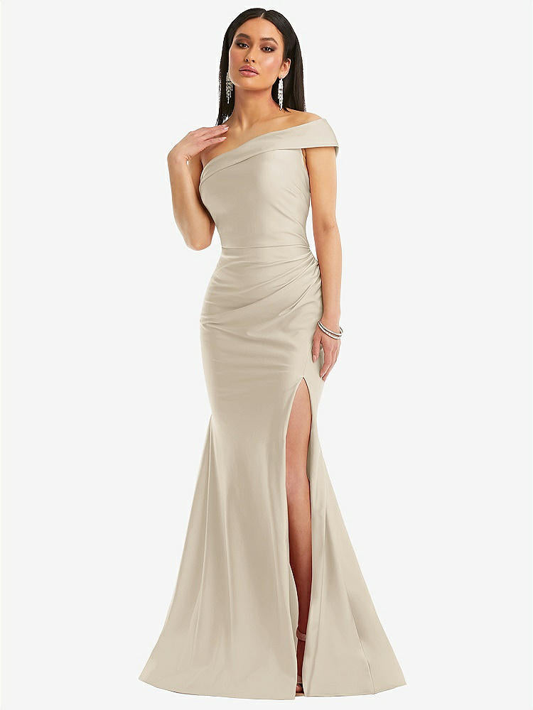 【STYLE: CS107】One-Shoulder Bias-Cuff Stretch Satin Mermaid Dress with Slight Train【COLOR: Champagne】