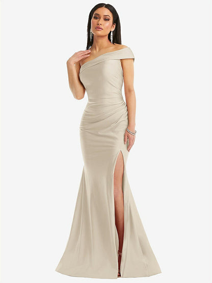 【STYLE: CS107】One-Shoulder Bias-Cuff Stretch Satin Mermaid Dress with Slight Train【COLOR: Champagne】