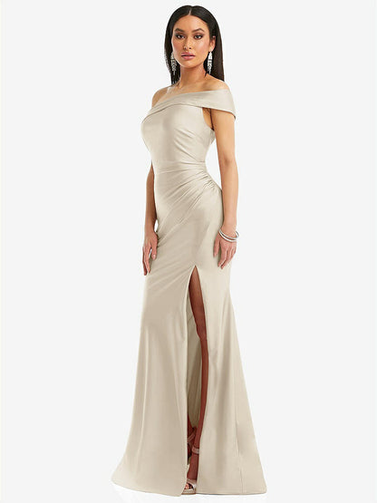 【STYLE: CS107】One-Shoulder Bias-Cuff Stretch Satin Mermaid Dress with Slight Train【COLOR: Champagne】