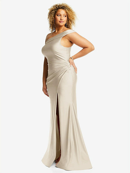 【STYLE: CS107】One-Shoulder Bias-Cuff Stretch Satin Mermaid Dress with Slight Train【COLOR: Champagne】