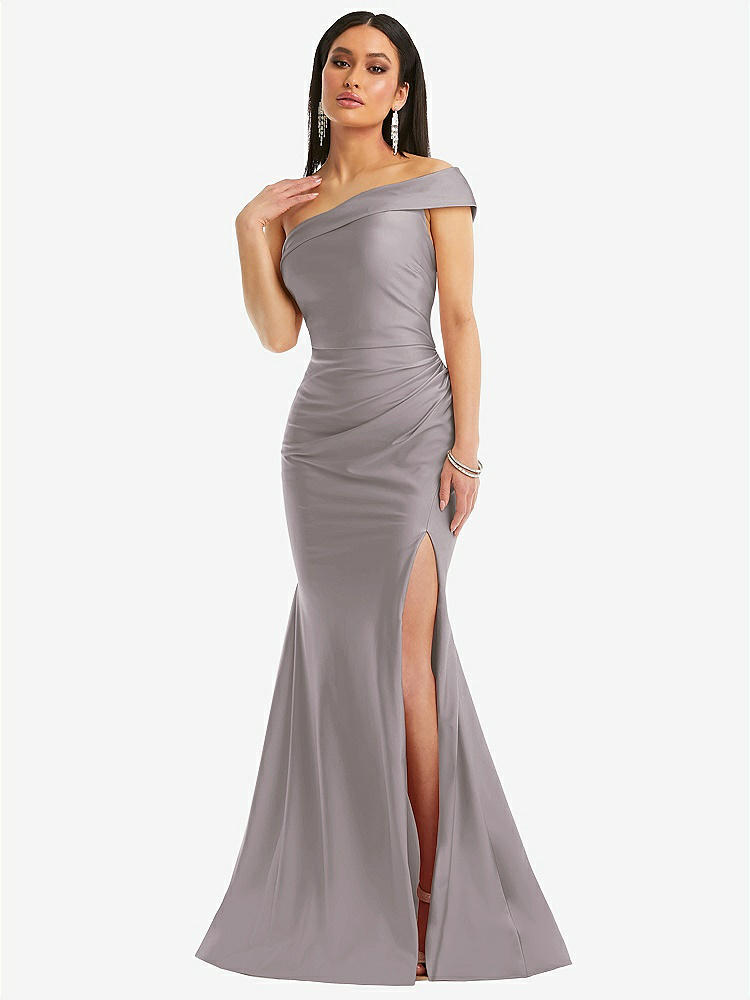 【STYLE: CS107】One-Shoulder Bias-Cuff Stretch Satin Mermaid Dress with Slight Train【COLOR: Cashmere Gray】