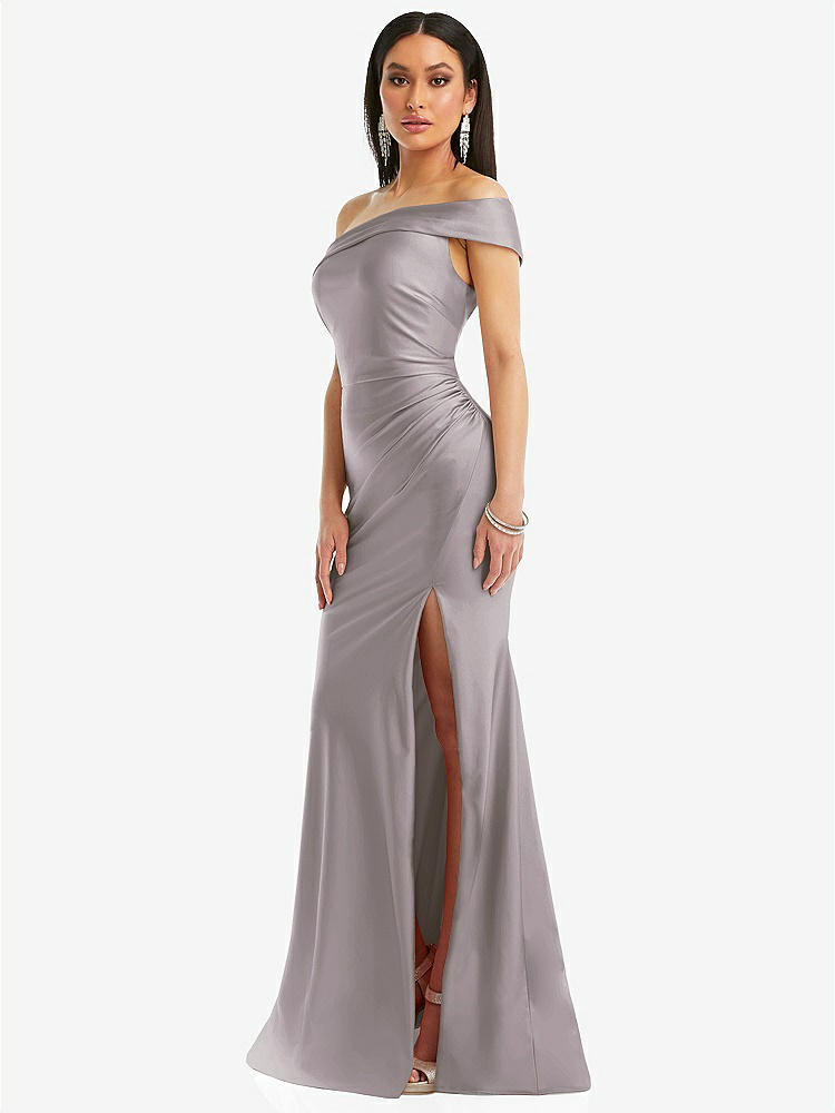 【STYLE: CS107】One-Shoulder Bias-Cuff Stretch Satin Mermaid Dress with Slight Train【COLOR: Cashmere Gray】