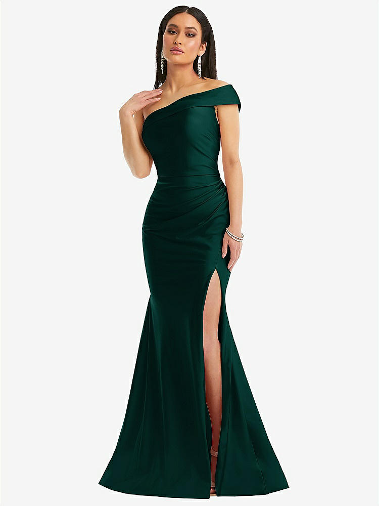 【STYLE: CS107】One-Shoulder Bias-Cuff Stretch Satin Mermaid Dress with Slight Train【COLOR: Evergreen】