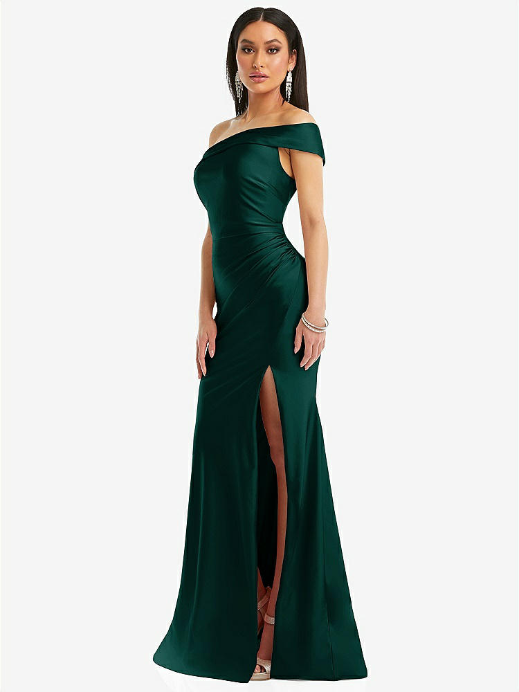 【STYLE: CS107】One-Shoulder Bias-Cuff Stretch Satin Mermaid Dress with Slight Train【COLOR: Evergreen】