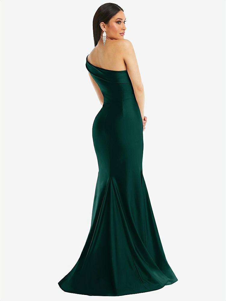 【STYLE: CS107】One-Shoulder Bias-Cuff Stretch Satin Mermaid Dress with Slight Train【COLOR: Evergreen】