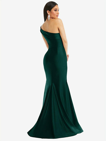 【STYLE: CS107】One-Shoulder Bias-Cuff Stretch Satin Mermaid Dress with Slight Train【COLOR: Evergreen】