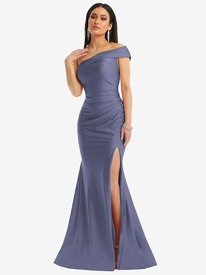 【STYLE: CS107】One-Shoulder Bias-Cuff Stretch Satin Mermaid Dress with Slight Train【COLOR: French Blue】