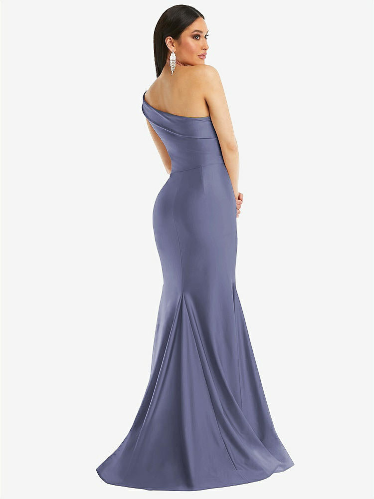 【STYLE: CS107】One-Shoulder Bias-Cuff Stretch Satin Mermaid Dress with Slight Train【COLOR: French Blue】