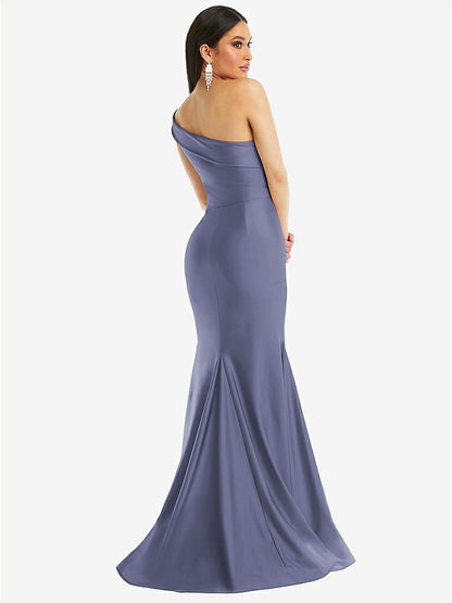 【STYLE: CS107】One-Shoulder Bias-Cuff Stretch Satin Mermaid Dress with Slight Train【COLOR: French Blue】