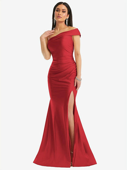 【STYLE: CS107】One-Shoulder Bias-Cuff Stretch Satin Mermaid Dress with Slight Train【COLOR: Poppy Red】