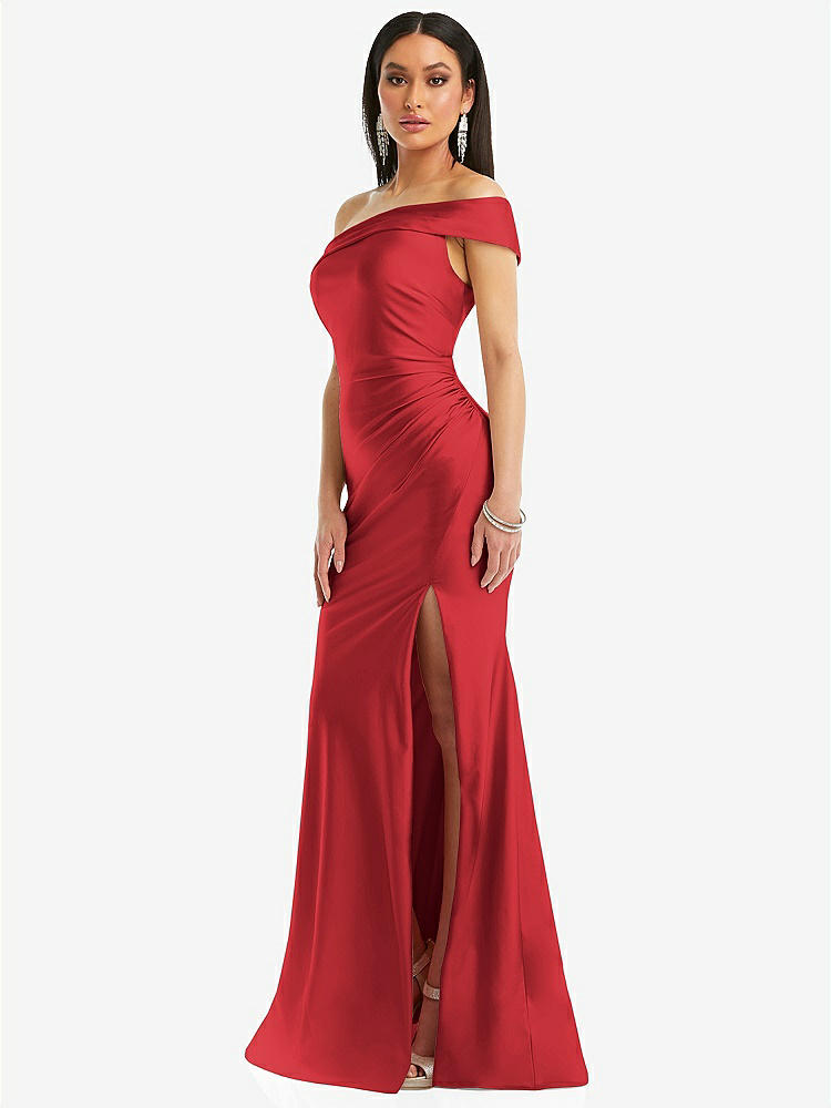 【STYLE: CS107】One-Shoulder Bias-Cuff Stretch Satin Mermaid Dress with Slight Train【COLOR: Poppy Red】