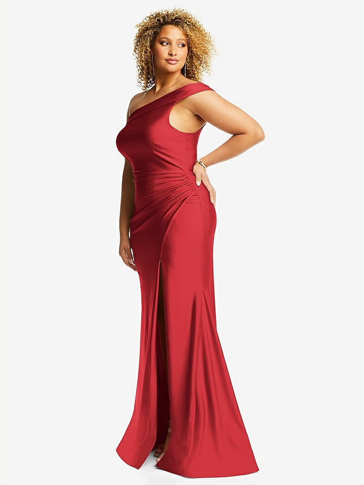 【STYLE: CS107】One-Shoulder Bias-Cuff Stretch Satin Mermaid Dress with Slight Train【COLOR: Poppy Red】