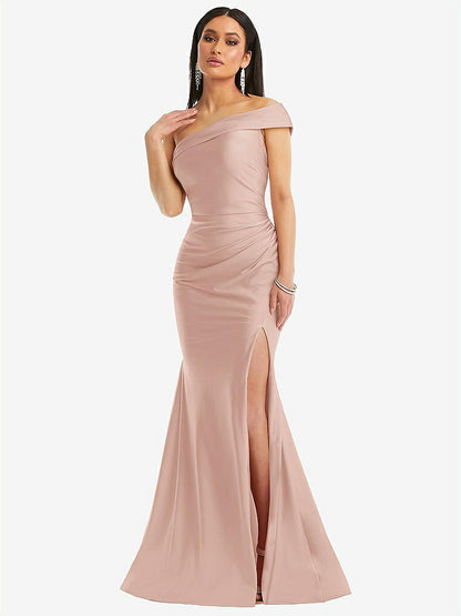 【STYLE: CS107】One-Shoulder Bias-Cuff Stretch Satin Mermaid Dress with Slight Train【COLOR: Toasted Sugar】