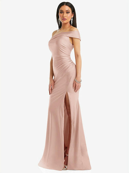 【STYLE: CS107】One-Shoulder Bias-Cuff Stretch Satin Mermaid Dress with Slight Train【COLOR: Toasted Sugar】