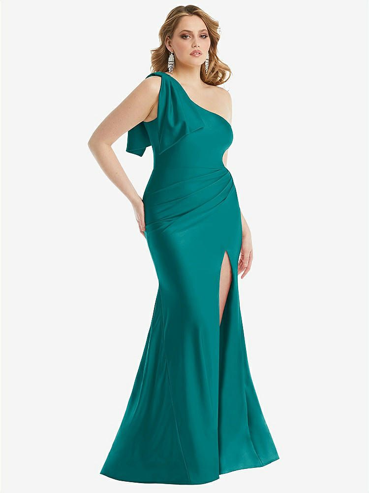 【STYLE: CS108】Cascading Bow One-Shoulder Stretch Satin Mermaid Dress with Slight Train【COLOR: Peacock Teal】
