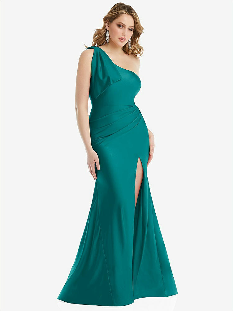 【STYLE: CS108】Cascading Bow One-Shoulder Stretch Satin Mermaid Dress with Slight Train【COLOR: Peacock Teal】