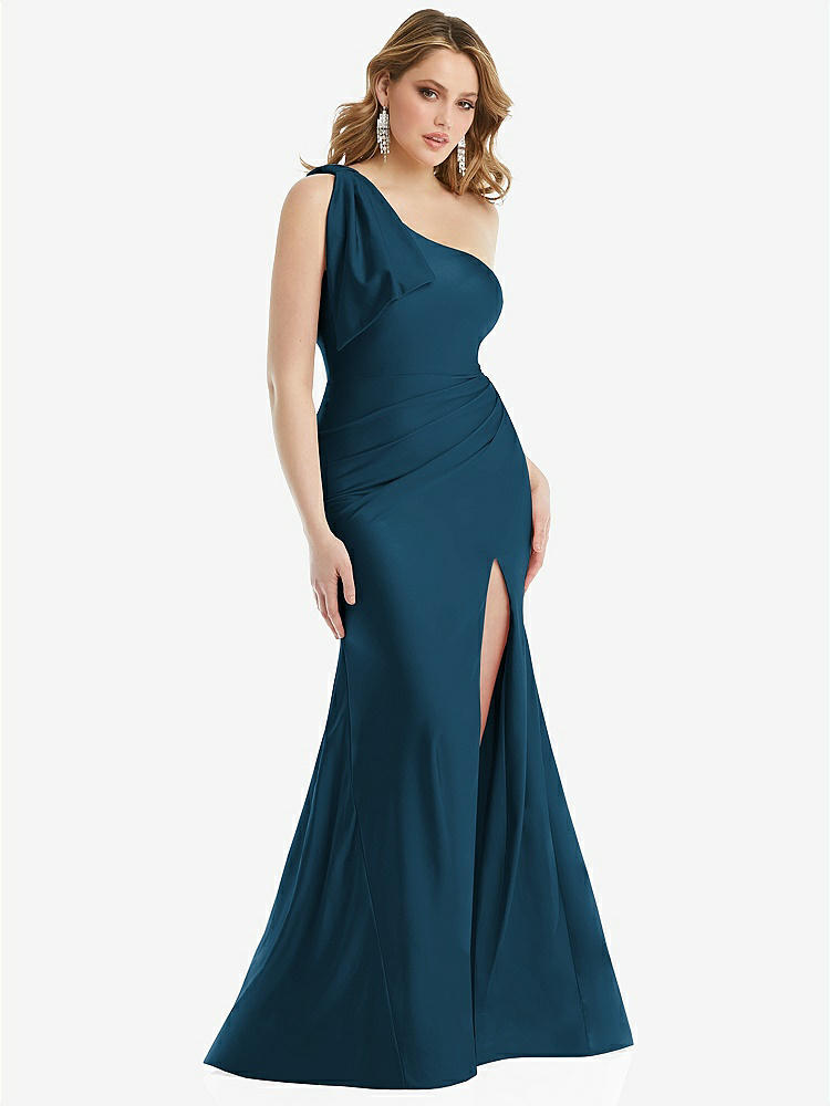 【STYLE: CS108】Cascading Bow One-Shoulder Stretch Satin Mermaid Dress with Slight Train【COLOR: Atlantic Blue】
