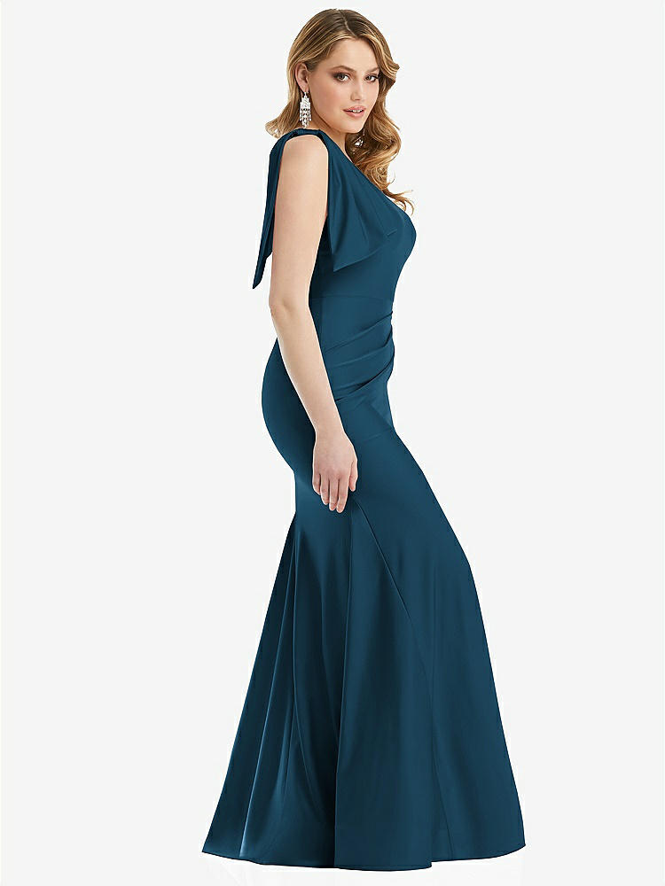 【STYLE: CS108】Cascading Bow One-Shoulder Stretch Satin Mermaid Dress with Slight Train【COLOR: Atlantic Blue】