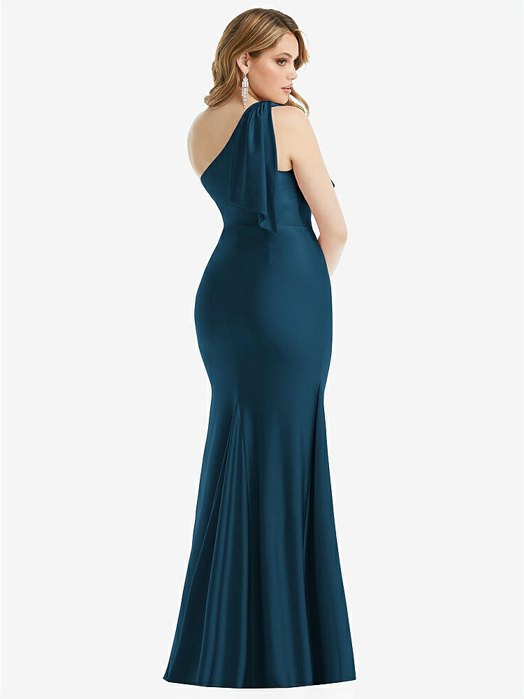 【STYLE: CS108】Cascading Bow One-Shoulder Stretch Satin Mermaid Dress with Slight Train【COLOR: Atlantic Blue】