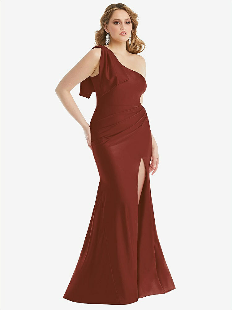 【STYLE: CS108】Cascading Bow One-Shoulder Stretch Satin Mermaid Dress with Slight Train【COLOR: Auburn Moon】