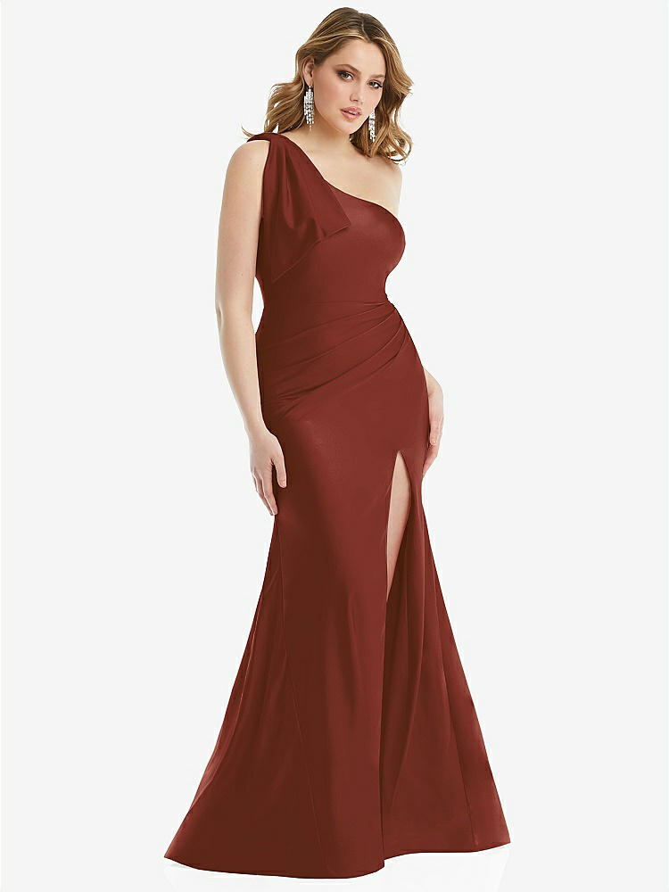 【STYLE: CS108】Cascading Bow One-Shoulder Stretch Satin Mermaid Dress with Slight Train【COLOR: Auburn Moon】