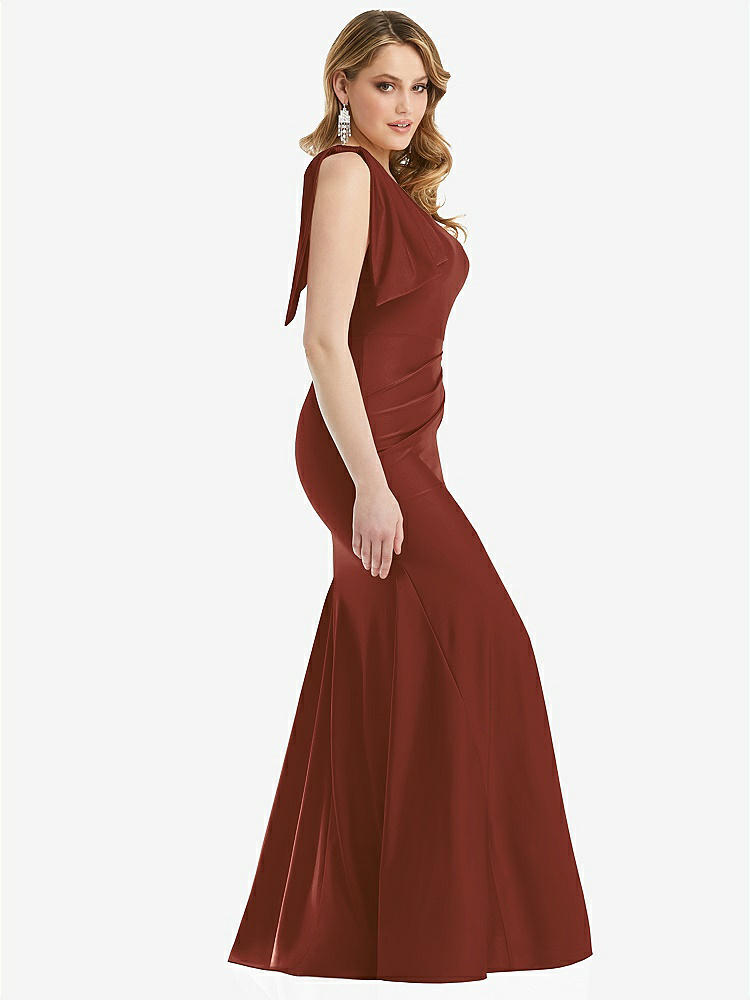 【STYLE: CS108】Cascading Bow One-Shoulder Stretch Satin Mermaid Dress with Slight Train【COLOR: Auburn Moon】