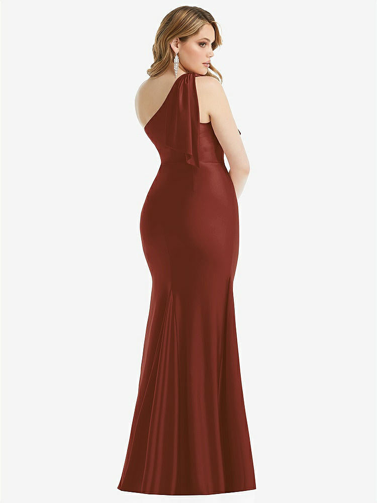 【STYLE: CS108】Cascading Bow One-Shoulder Stretch Satin Mermaid Dress with Slight Train【COLOR: Auburn Moon】