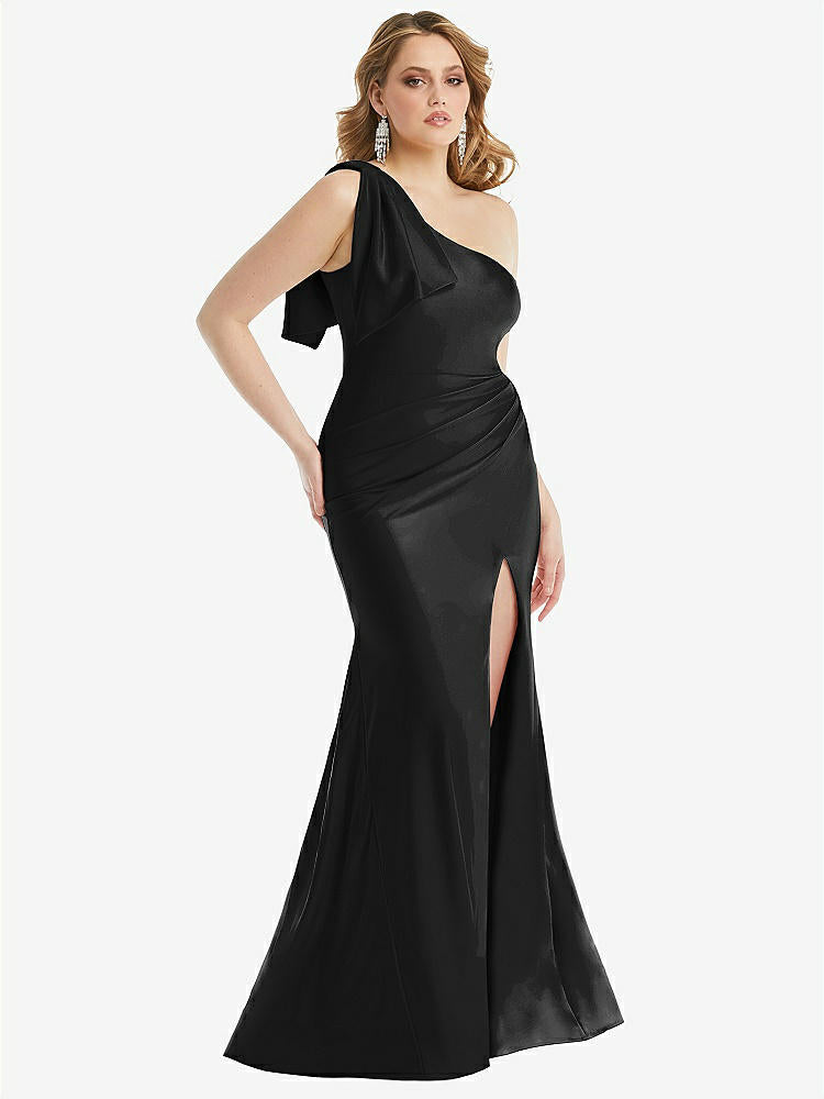 【STYLE: CS108】Cascading Bow One-Shoulder Stretch Satin Mermaid Dress with Slight Train【COLOR: Black】