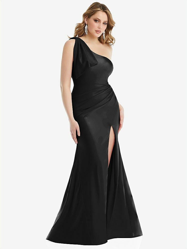 【STYLE: CS108】Cascading Bow One-Shoulder Stretch Satin Mermaid Dress with Slight Train【COLOR: Black】