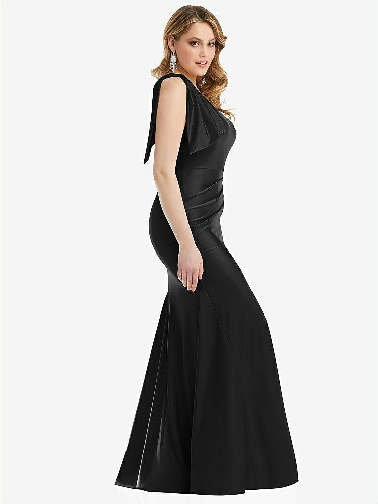【STYLE: CS108】Cascading Bow One-Shoulder Stretch Satin Mermaid Dress with Slight Train【COLOR: Black】