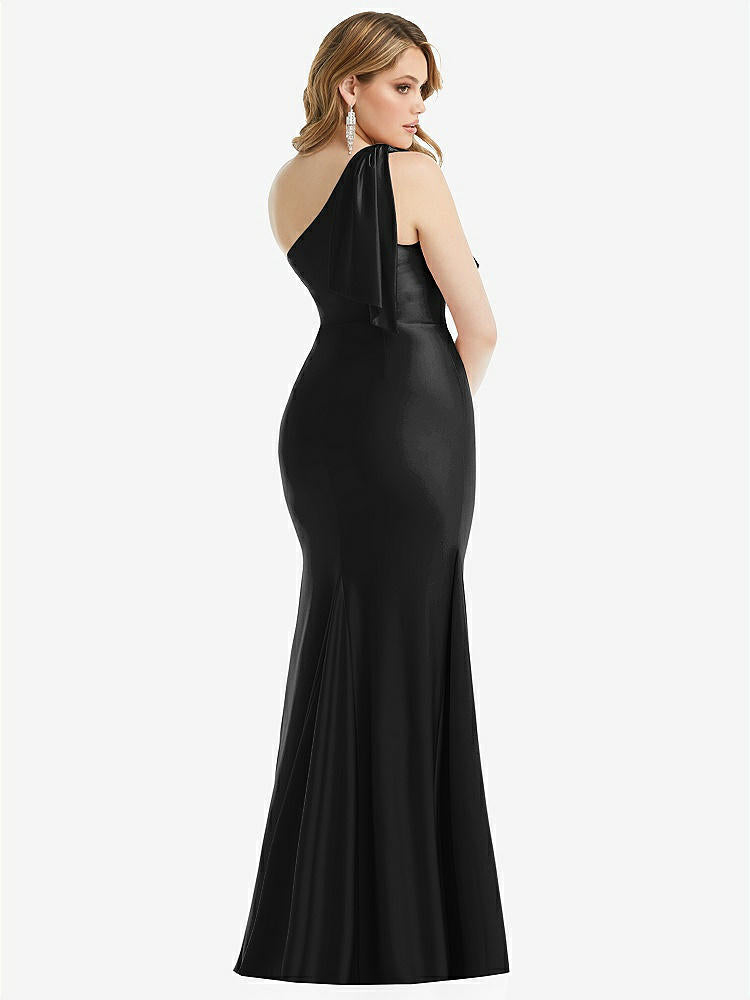 【STYLE: CS108】Cascading Bow One-Shoulder Stretch Satin Mermaid Dress with Slight Train【COLOR: Black】