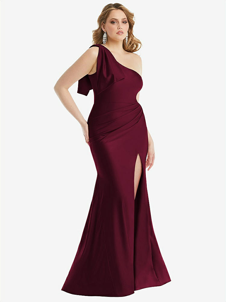 【STYLE: CS108】Cascading Bow One-Shoulder Stretch Satin Mermaid Dress with Slight Train【COLOR: Cabernet】