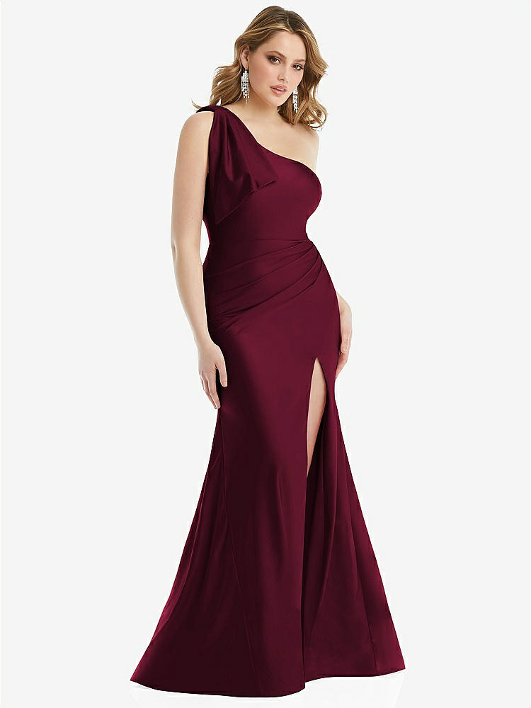 【STYLE: CS108】Cascading Bow One-Shoulder Stretch Satin Mermaid Dress with Slight Train【COLOR: Cabernet】