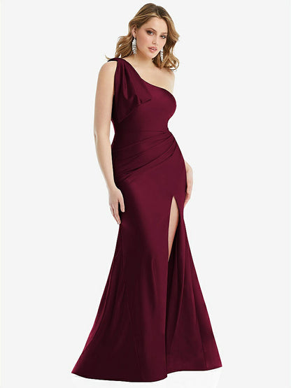 【STYLE: CS108】Cascading Bow One-Shoulder Stretch Satin Mermaid Dress with Slight Train【COLOR: Cabernet】