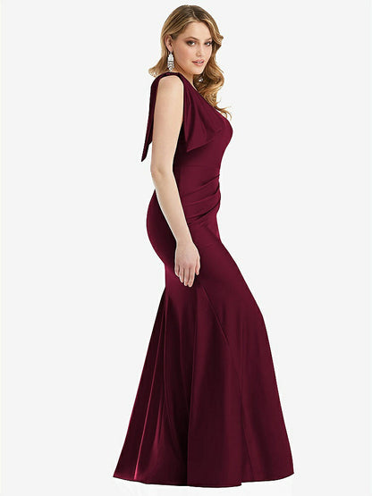 【STYLE: CS108】Cascading Bow One-Shoulder Stretch Satin Mermaid Dress with Slight Train【COLOR: Cabernet】