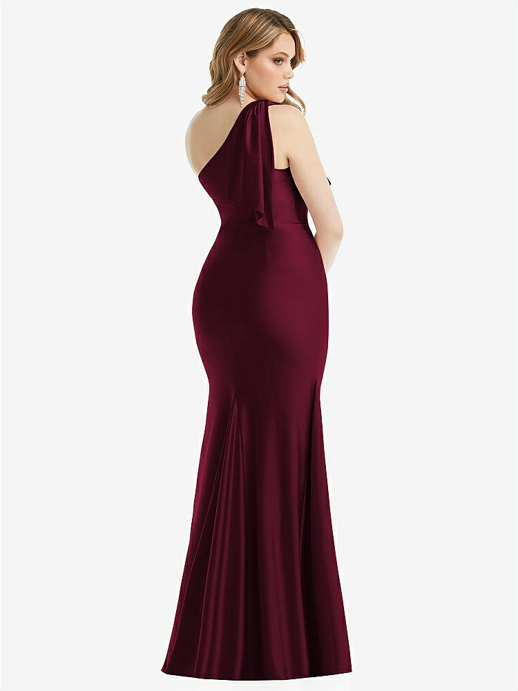 【STYLE: CS108】Cascading Bow One-Shoulder Stretch Satin Mermaid Dress with Slight Train【COLOR: Cabernet】