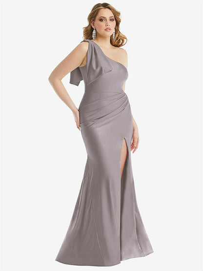 【STYLE: CS108】Cascading Bow One-Shoulder Stretch Satin Mermaid Dress with Slight Train【COLOR: Cashmere Gray】
