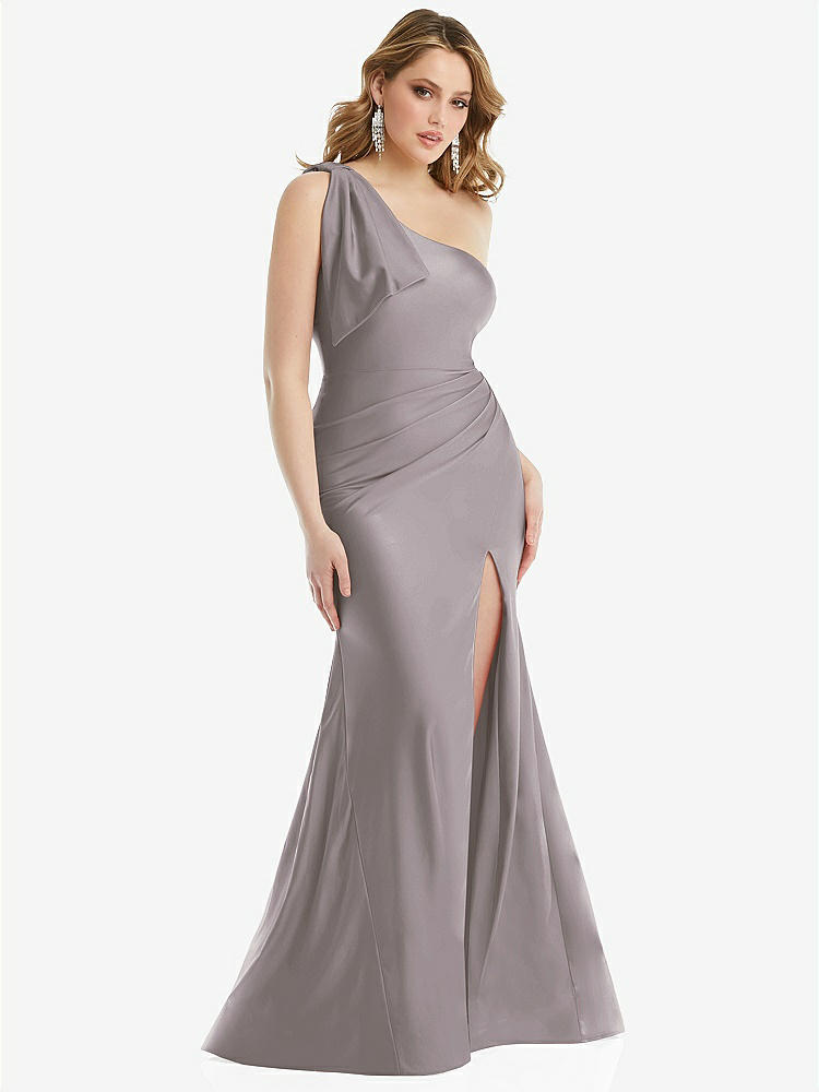 【STYLE: CS108】Cascading Bow One-Shoulder Stretch Satin Mermaid Dress with Slight Train【COLOR: Cashmere Gray】