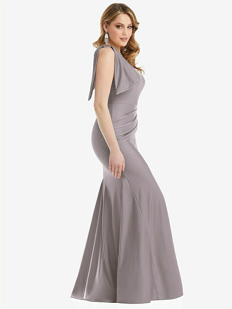 【STYLE: CS108】Cascading Bow One-Shoulder Stretch Satin Mermaid Dress with Slight Train【COLOR: Cashmere Gray】